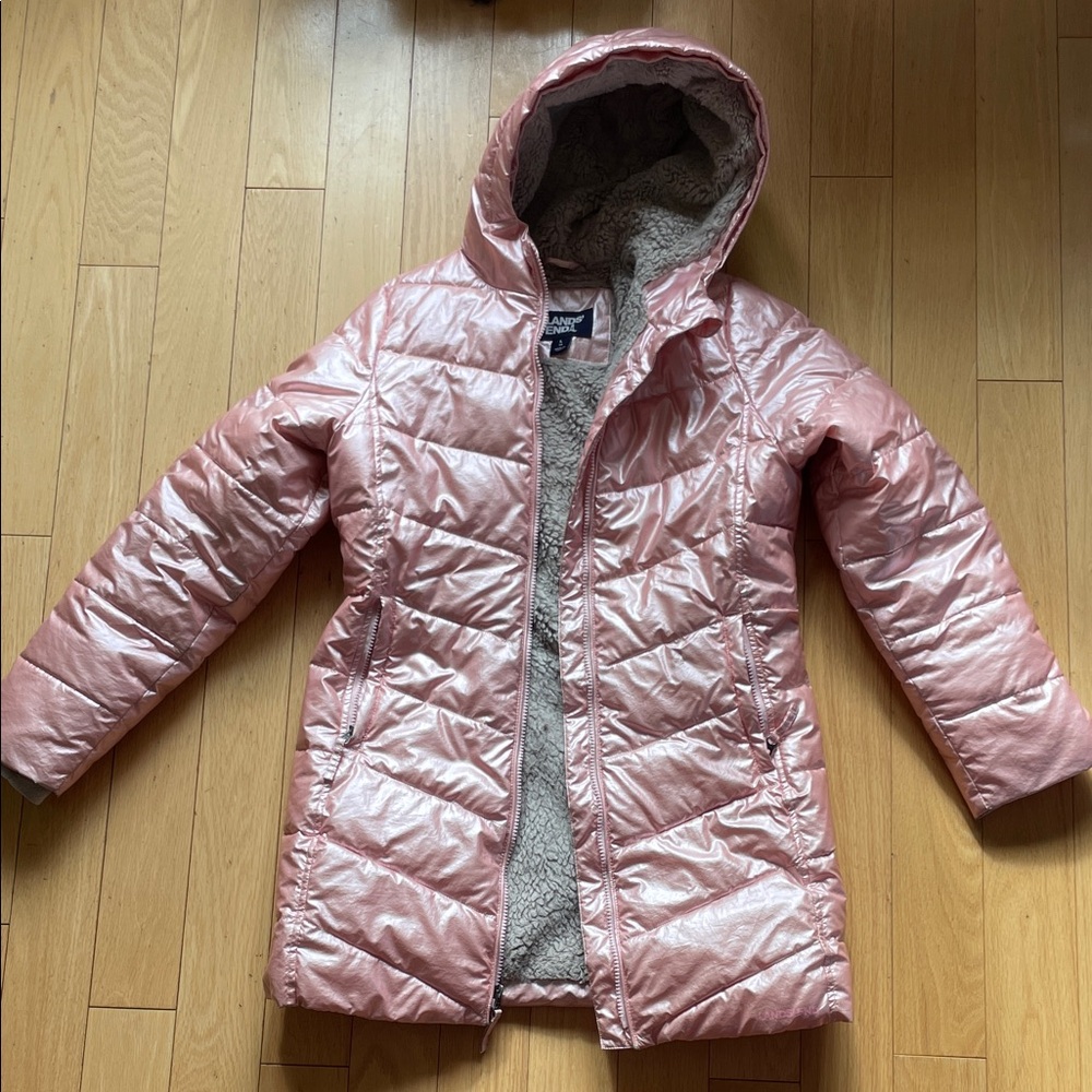 Lands' End Shimmering Pink Hooded Puffer Jacket with Sherpa lining